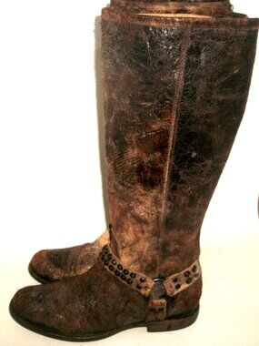 John Frye Tall Rear-Zip Distressed Brown Leather Studded Harness Boots 10M